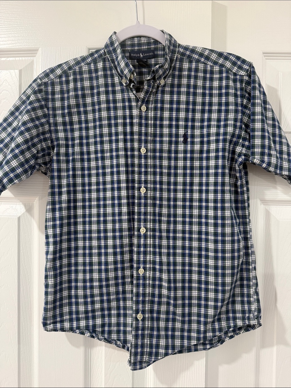 Ralph Lauren Navy, Green & White Plaid Short-Sleeve Button-Down Shirt